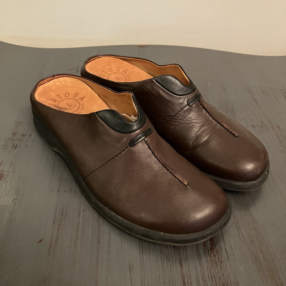 Murtosa Womens Brown Leather Clogs Mules Slip On Comfort Shoes EU 37 US 6.5 - 7